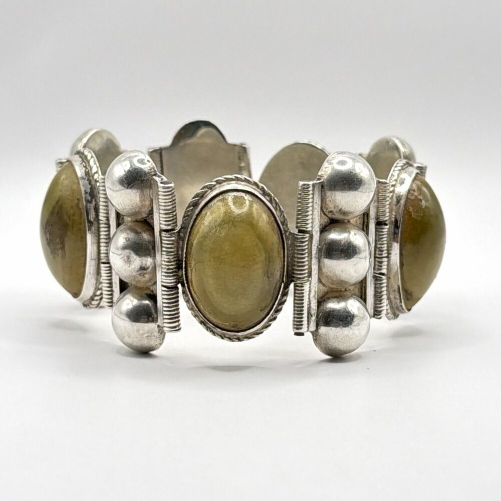 Heavy 925 Sterling Silver Olive Onyx Panel Bracelet 82.92g